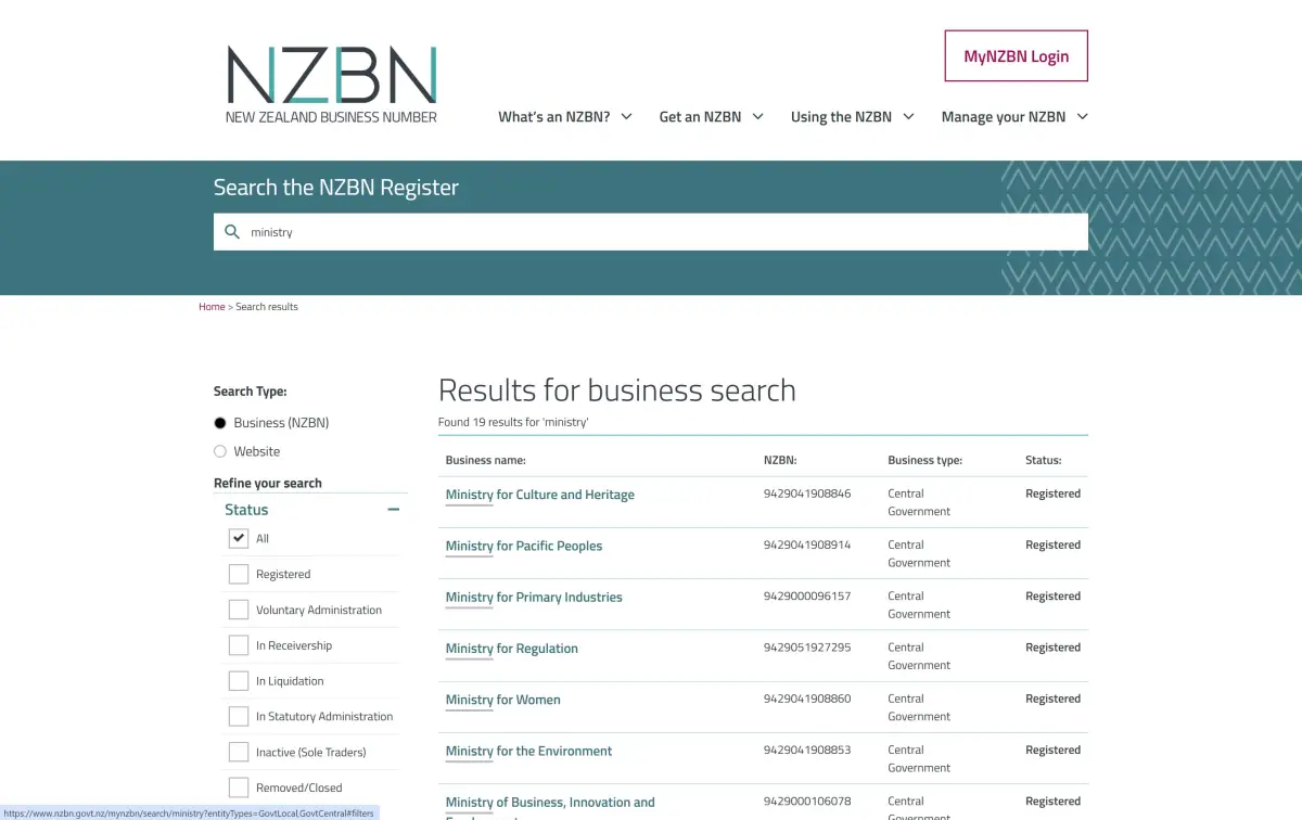 Desktop view of New Zealand Business Number website. 