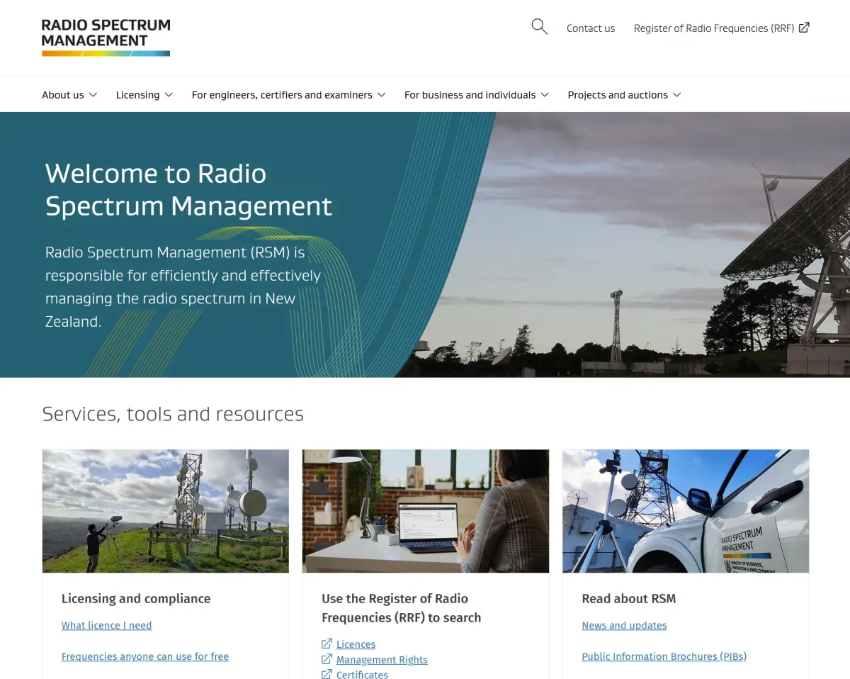 Desktop view of Radio Spectrum Management website. 
