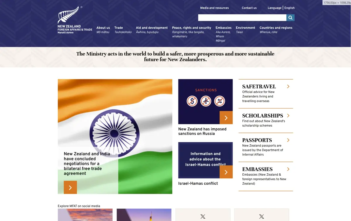 Desktop view of Ministry of Foreign Affairs and Trade (MFAT)  website. 