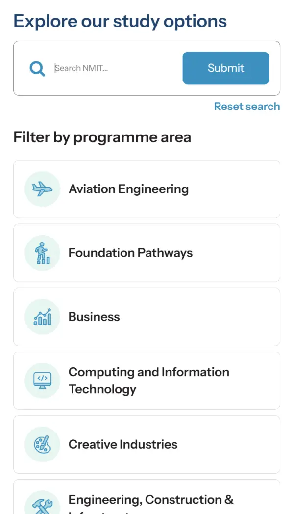 Mobile view of Nelson and Marlborough Institute of Technology website. 