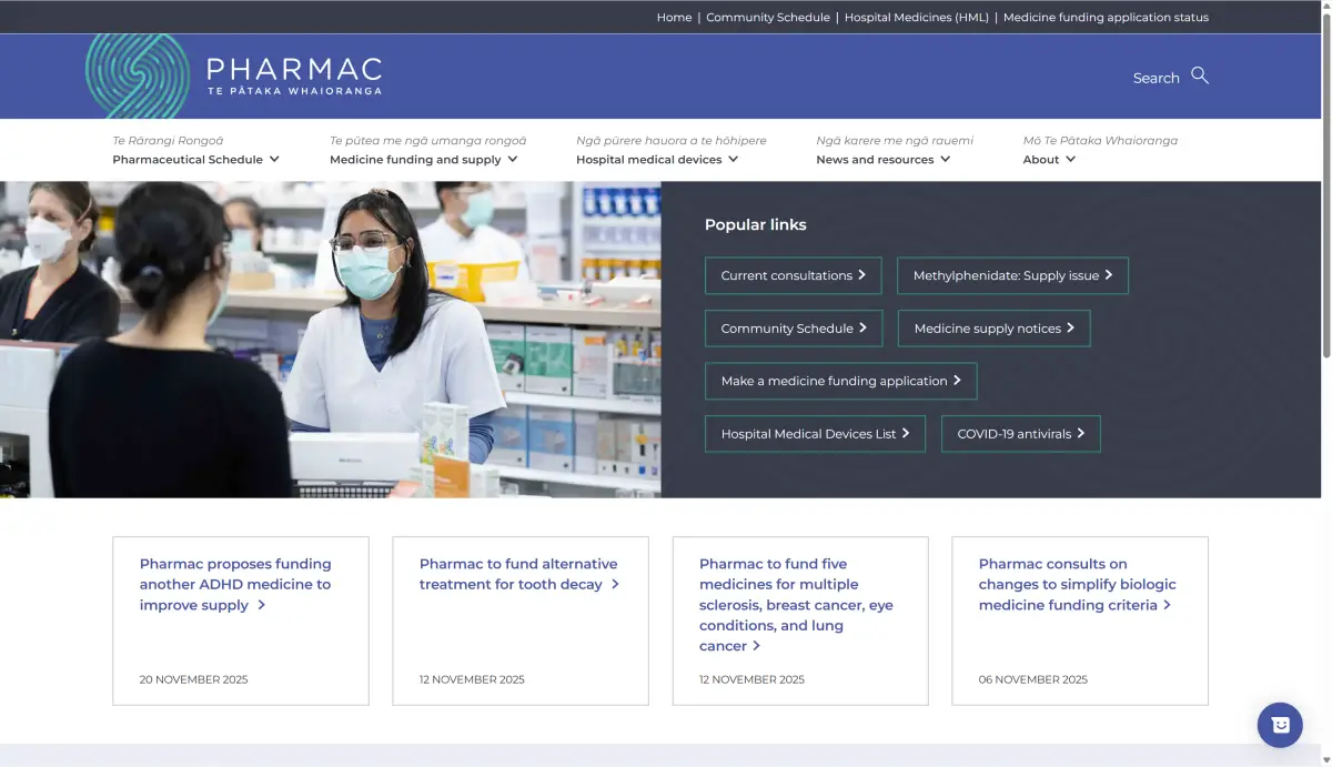 Desktop view of Pharmac website. 