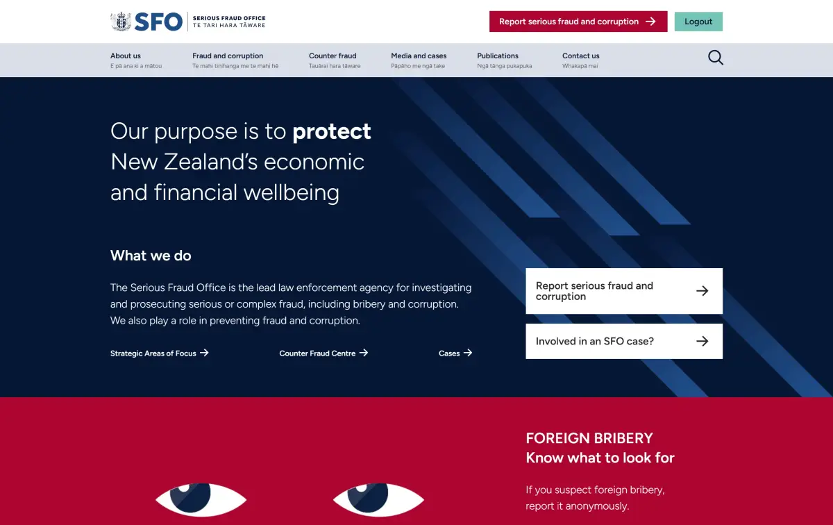 Desktop view of Serious Fraud Office NZ website. 